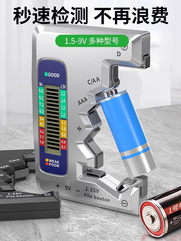 Battery power detector, battery capacity meter, battery detector with digital display of remaining power.