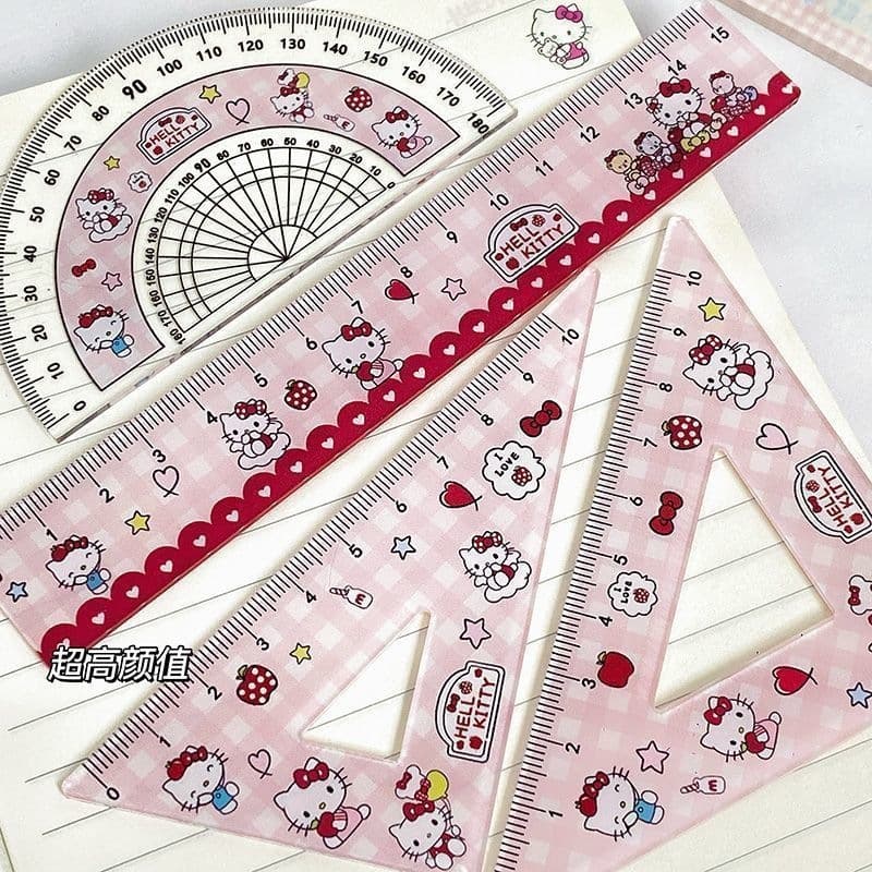 Checkered Kitty Cat Ruler Set Acrylic Triangle Ruler High Appearance Cute Straight Ruler 4-Piece Set Essential for Students Back to School