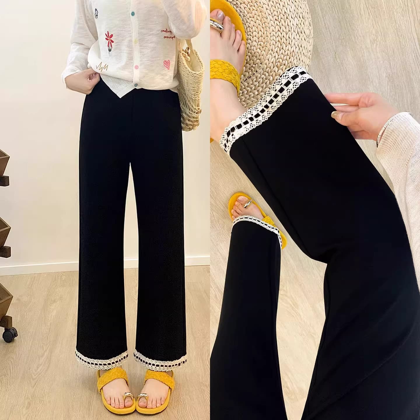 Black Lace Casual Pants for Women 2026 Summer Thin Style, Plus Size Petite Loose Fit Slimming Elastic Ankle-Length Straight Leg Pants