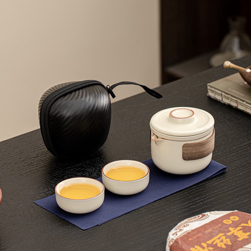 Ru Kiln Travel Tea Set with One Pot and Two Cups, Portable Outdoor Ceramic Quick Cup, Business Event Handy Gift
