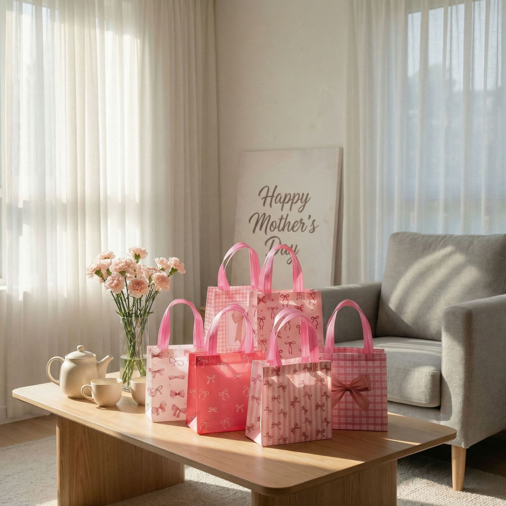 Non-woven handbag, high-end goddess's day gift bag, bow printed exquisite gift bag, children's birthday
