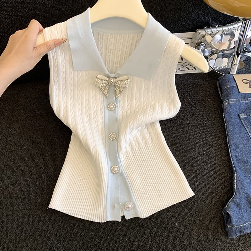 Real shot of summer socialite's small fragrant lapel color-blocked thin sleeveless sweater with bow tie slimming short vest for women