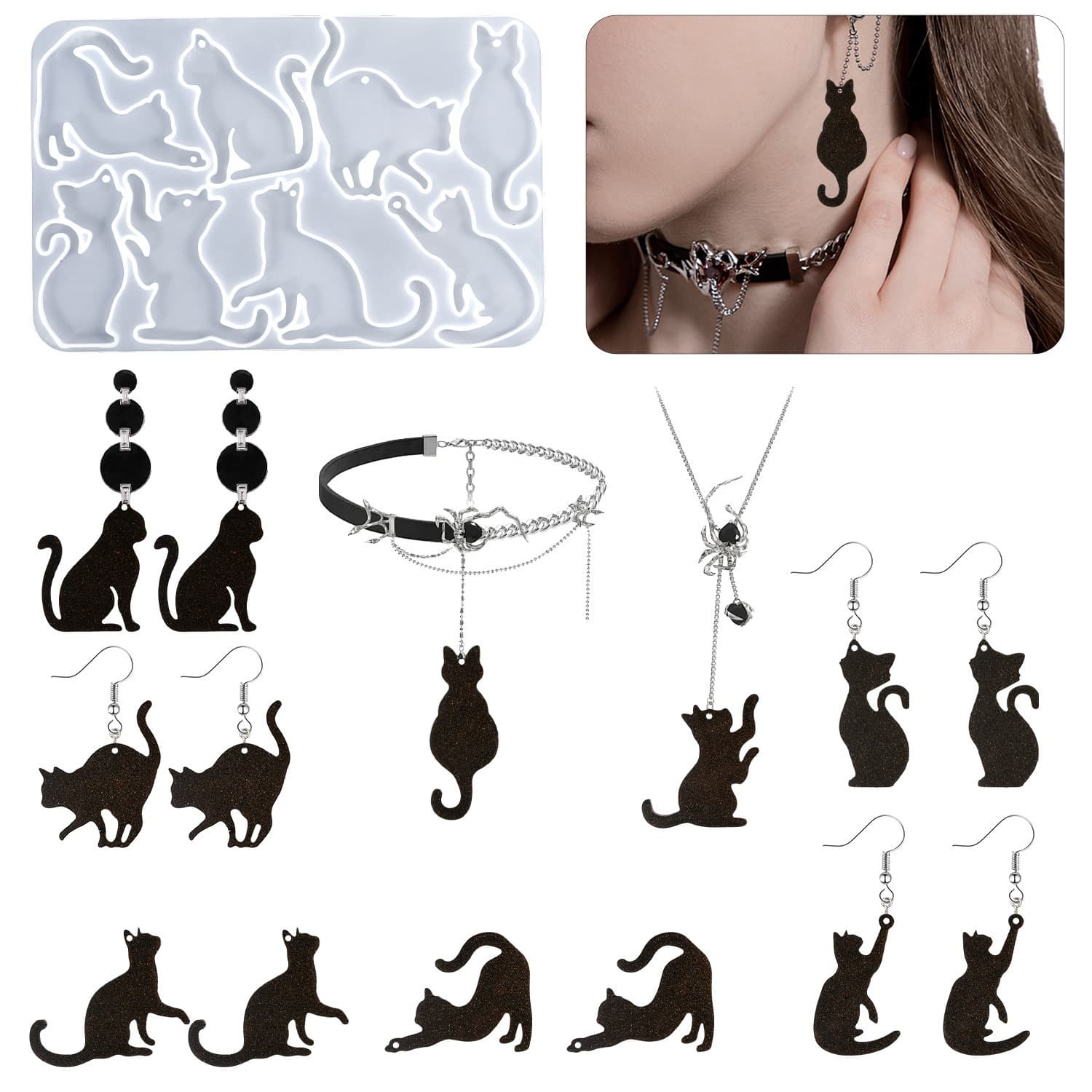 Deyi Life 8-Link Cat Pendant Crystal Resin Mold Necklace Earring Pendant Silicone Mold Brooch Accessory