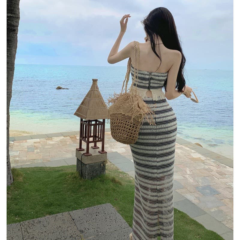 2023 Fringed Black and White Striped Knit Tube Top Women's Spring 2023 New Skirt Set