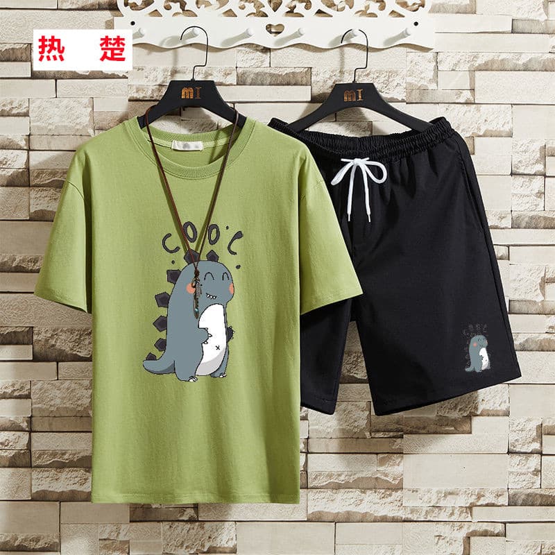 Dinosaur Short Sleeve Set Men's Summer Hip-Hop 5-Point T-Shirt Plus Size Hong Kong Style Loose Shorts Two-Piece Set 12