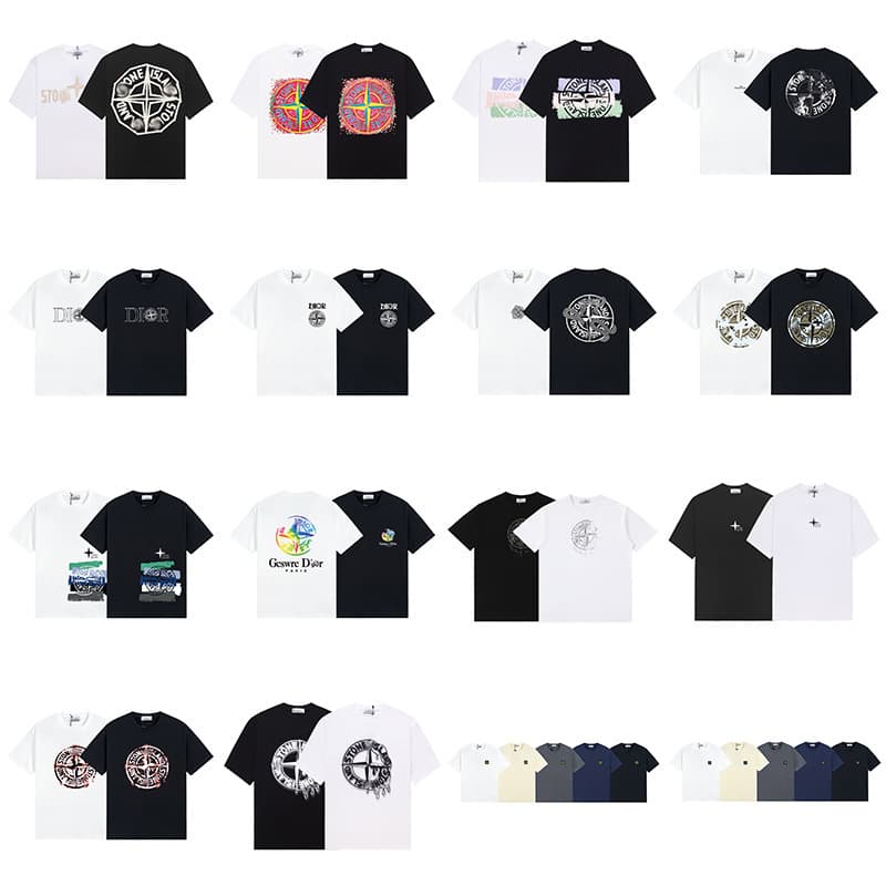 Cross-border trendy brand Stone Four-way Island short-sleeve printed loose casual T-shirt crew neck unisex men women base layer shirt