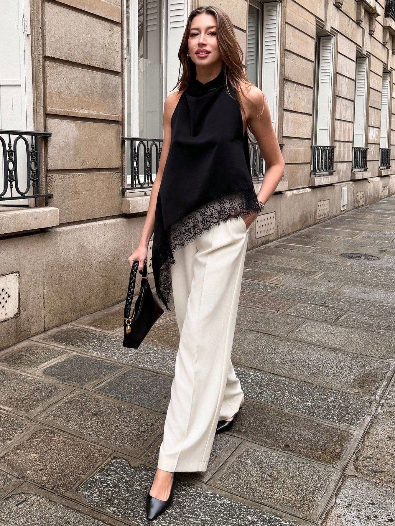 2026 Cross-Border European-American Women's Summer Sleeveless Satin Lace Hem Halterneck Top, Fashionable Stand Collar T-Shirt
