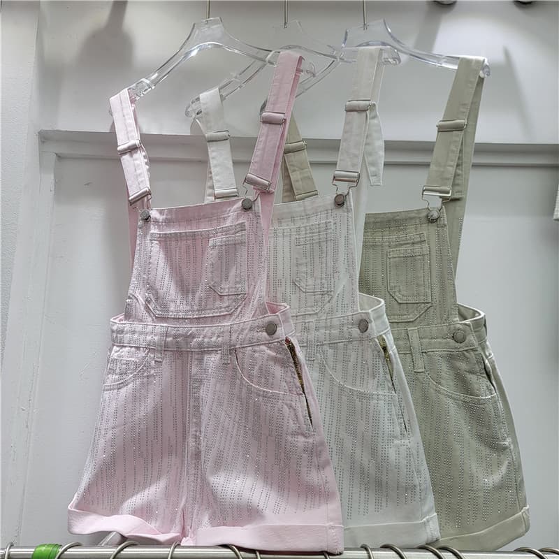 Heavy Rhinestone Pink Denim Bib Shorts for Women 2026 Loose Fit Cute Style Petite Overall Wide Leg Pants