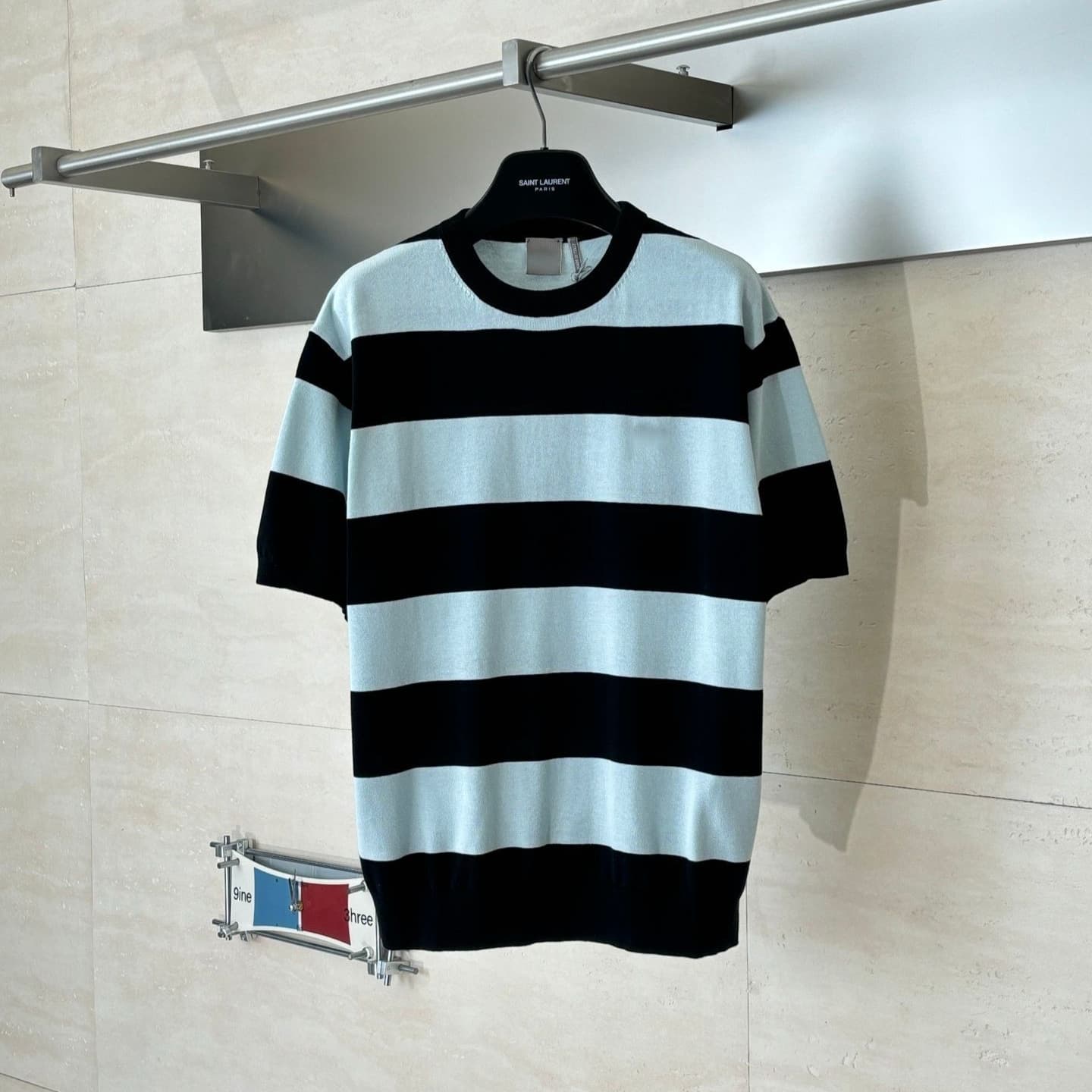 Ceiling Quality DO Black Blue Wide Stripe Letter Logo Embroidery Round Neck Knitted Short Sleeve T-Shirt Unisex Streetwear