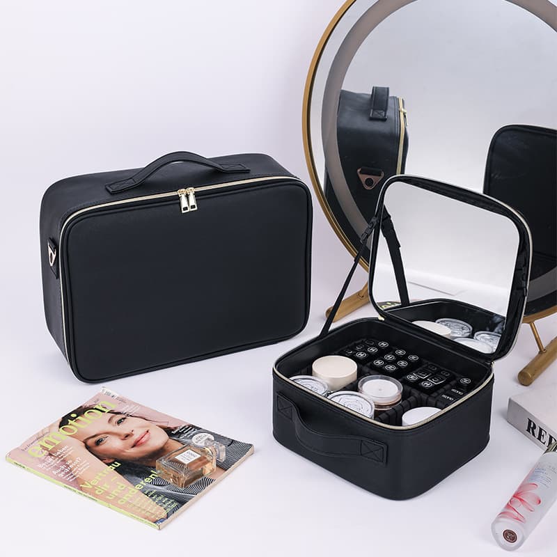 New Cosmetic Bag with Mirror, High Capacity Portable Beauty Cosmetics Partition Storage Box, Black