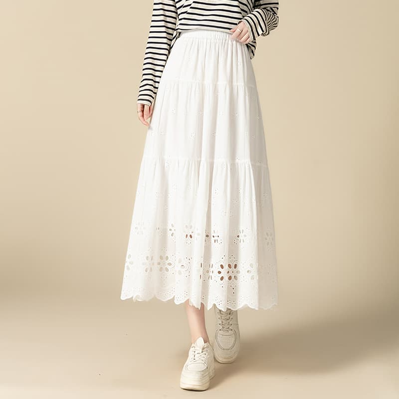 2026 New White Hollow Embroidery Slimming Long Skirt French Summer Cake High Waist Fashionable Skirt