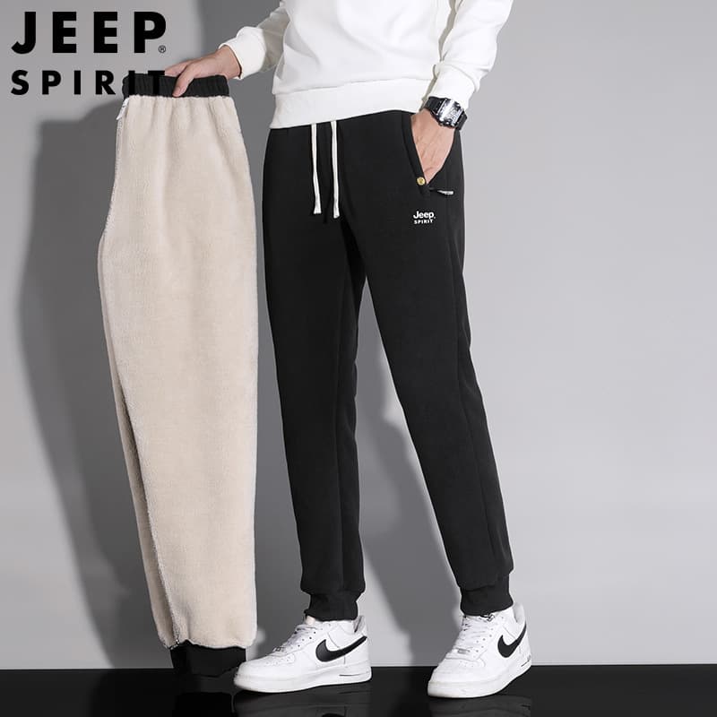 JEEP SPIRIT Men's Casual Pants, Polar Fleece and Lamb Fleece, Elastic Cuff, Loose Fit, Thickened and Lined for Fall and Winter, Sweatpants 7441