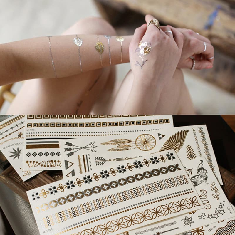 Wholesale European and American style gold and silver foil tattoo metallic vintage phone sticker shiny bracelet sticker tattoo