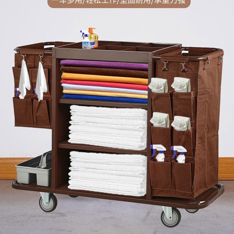 Hotel Guest Room Multi-functional Hand-push Linen Cart, Sanitation Work Cart, Cleaning Cart, Cloth Bags, Room Service Sanitation Cart