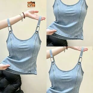 Light Blue Denim Camisole Top Women Summer New Sleeveless Outer Wear Slim Fit Petite Short Top