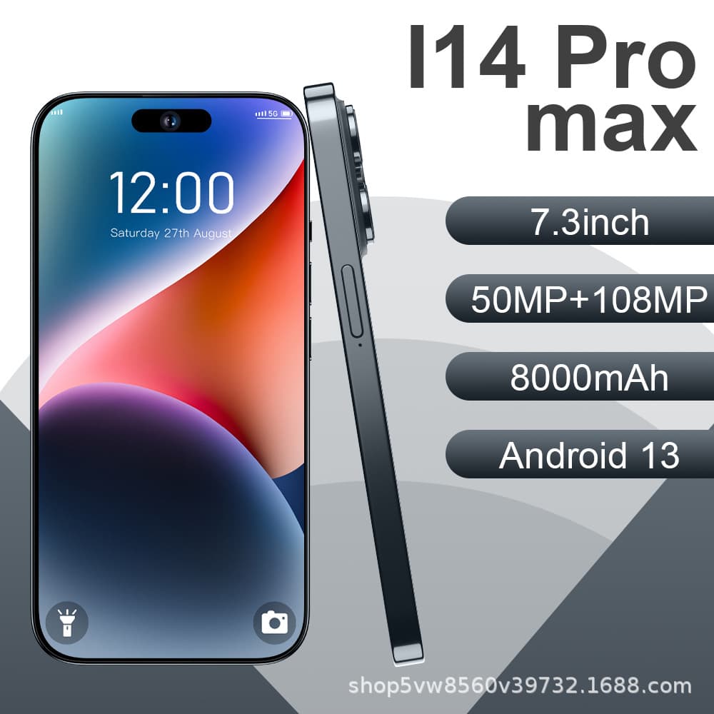 Global One-Piece Large Screen I14 Pro Max Smartphone Factory Direct 7.3 Inch Display Quad-Core Processor Android System