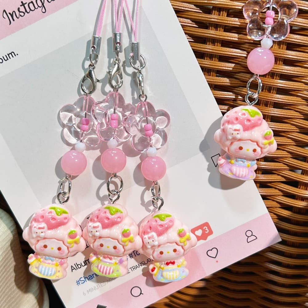 Phone Strap M09 Cute Strawberry Girl Flower Pink Pendant Phone Chain Cartoon Sweet Ins Style Best Friend Gift
