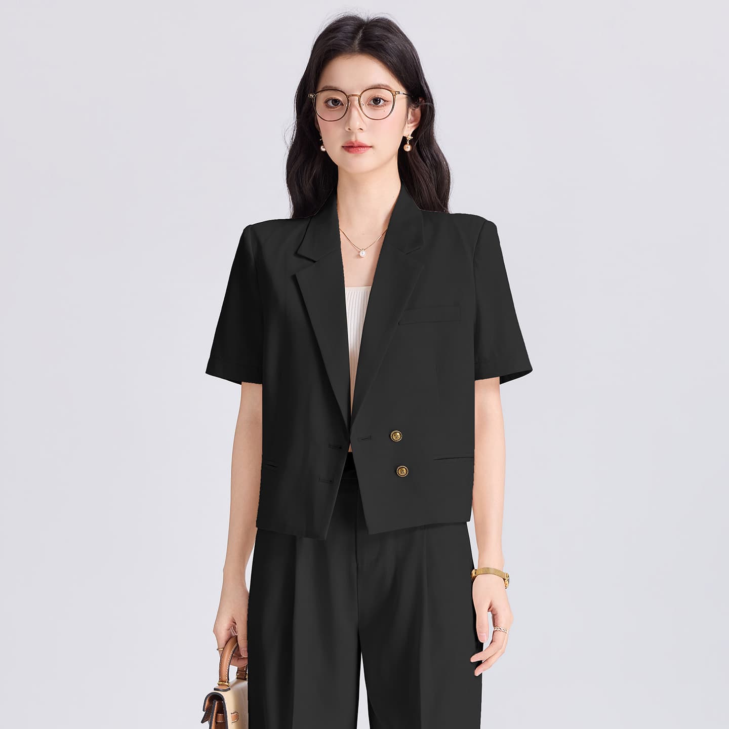 Black Short-Sleeved Suit Jacket for Women, Summer Thin Casual Wide-Leg Pants, Professional Suit for Petite Women, Business Attire
