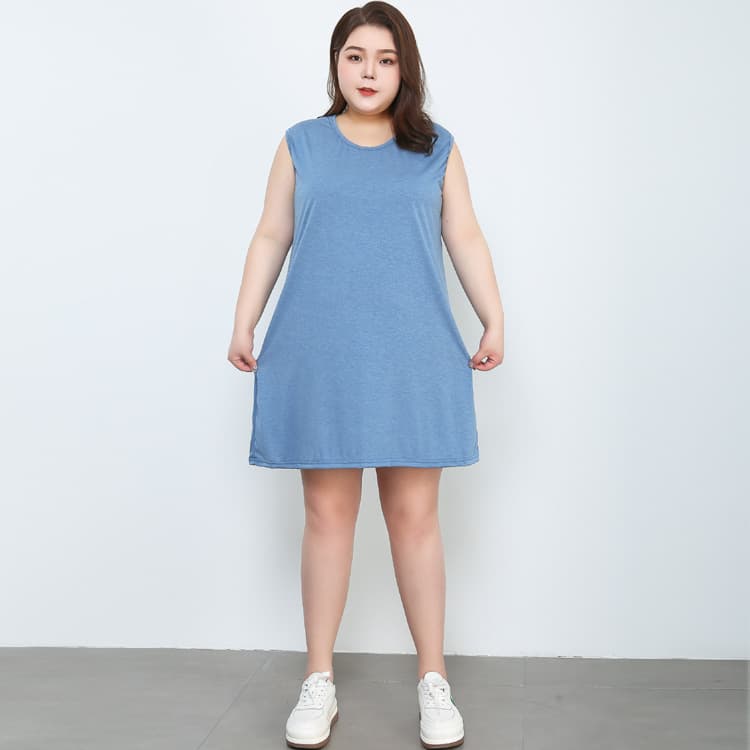 Plus Size Women's Cotton Sleeveless Vest Dress, Slip Dress, Loungewear, Midi Dress (200-300 lbs)