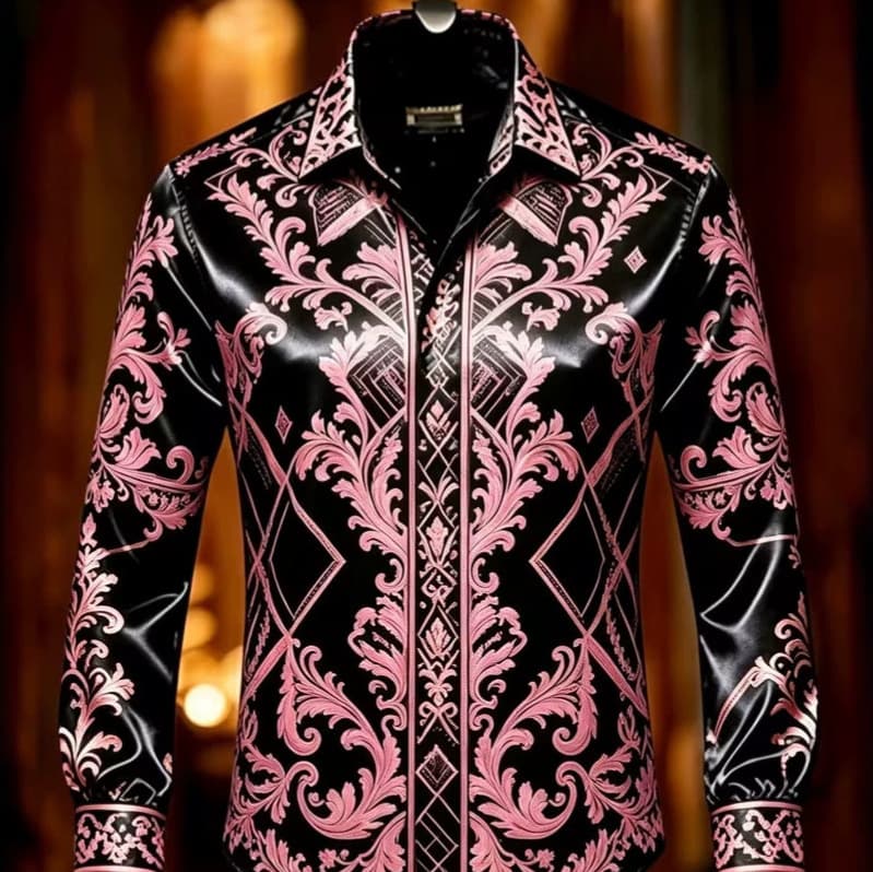 Cross-border Temu Shein Men's Pink Baroque Pattern High-end Satin Long Sleeve Shirt Cardigan Top Wholesale