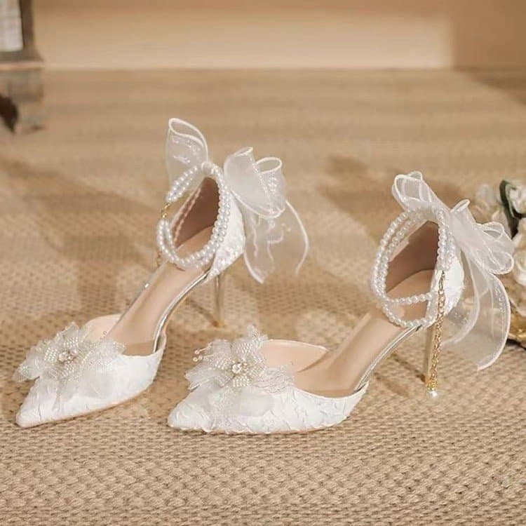 2025 French Fairy Style High Heels for Women, Thin Heels, Everyday Wearable White Bride Shoes, Wedding Shoes, Flats
