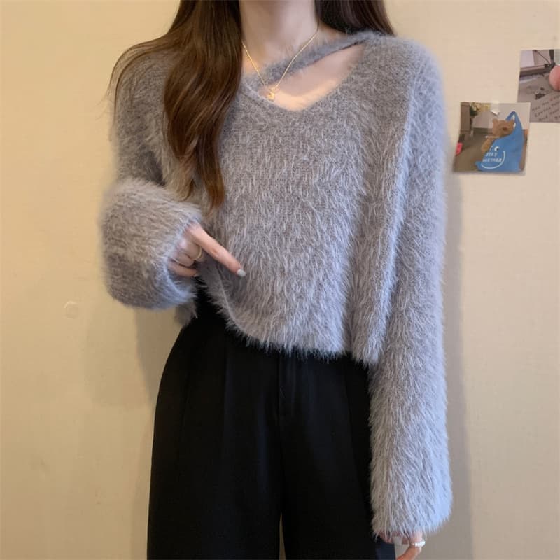 Cross-border 2025 Autumn/Winter New Loose V-Neck Knit Sweater, Versatile Slimming Faux Mink Fur Long-Sleeve Top for Women