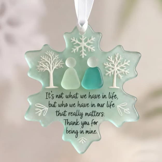 Acrylic flat Snowflake Shaped Sea Glass Friendship Ornament hanging piece.