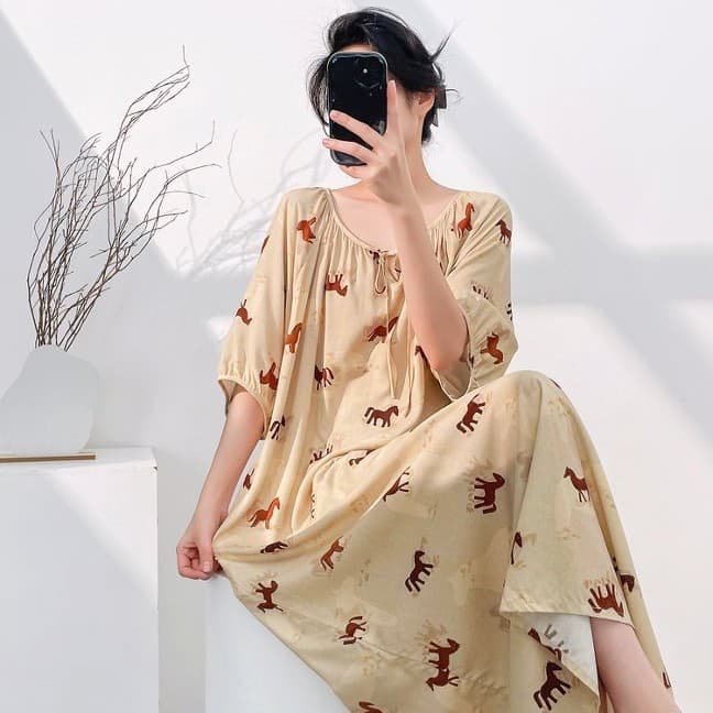 New Cotton Silk Nightgown for Women Summer Short Sleeve Long Style Premium Feel Spring Autumn Plus Size Homewear