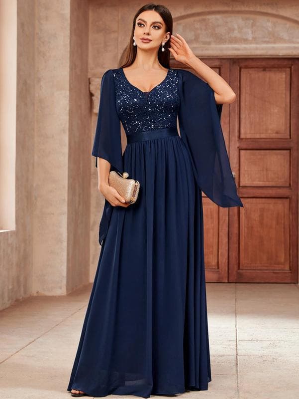 Women's Navy Blue Sequin Lace Maxi Evening Dress with 3 4