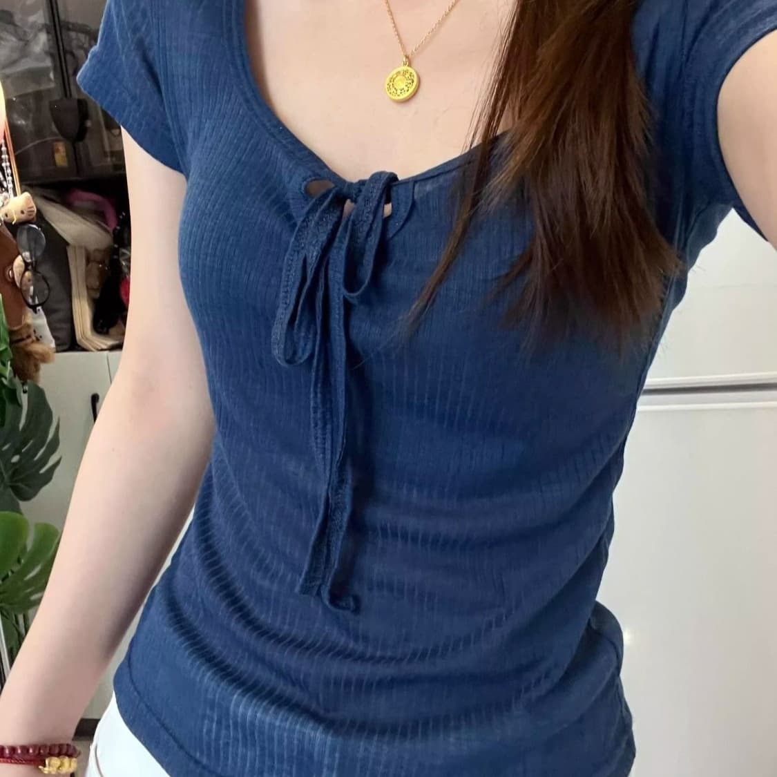 Navy Blue U-Neck Tie-Up Short-Sleeve T-Shirt for Women, Summer Slim-Fit Waist-Cinching Style, Pure Desire Style for Hot Girls