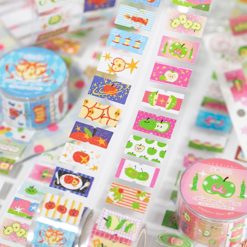 Yuxian Label Die-Cut Tape, Apple Fantasy Cute Creative Apple Elements Journal DIY Decoration Small Items Collage