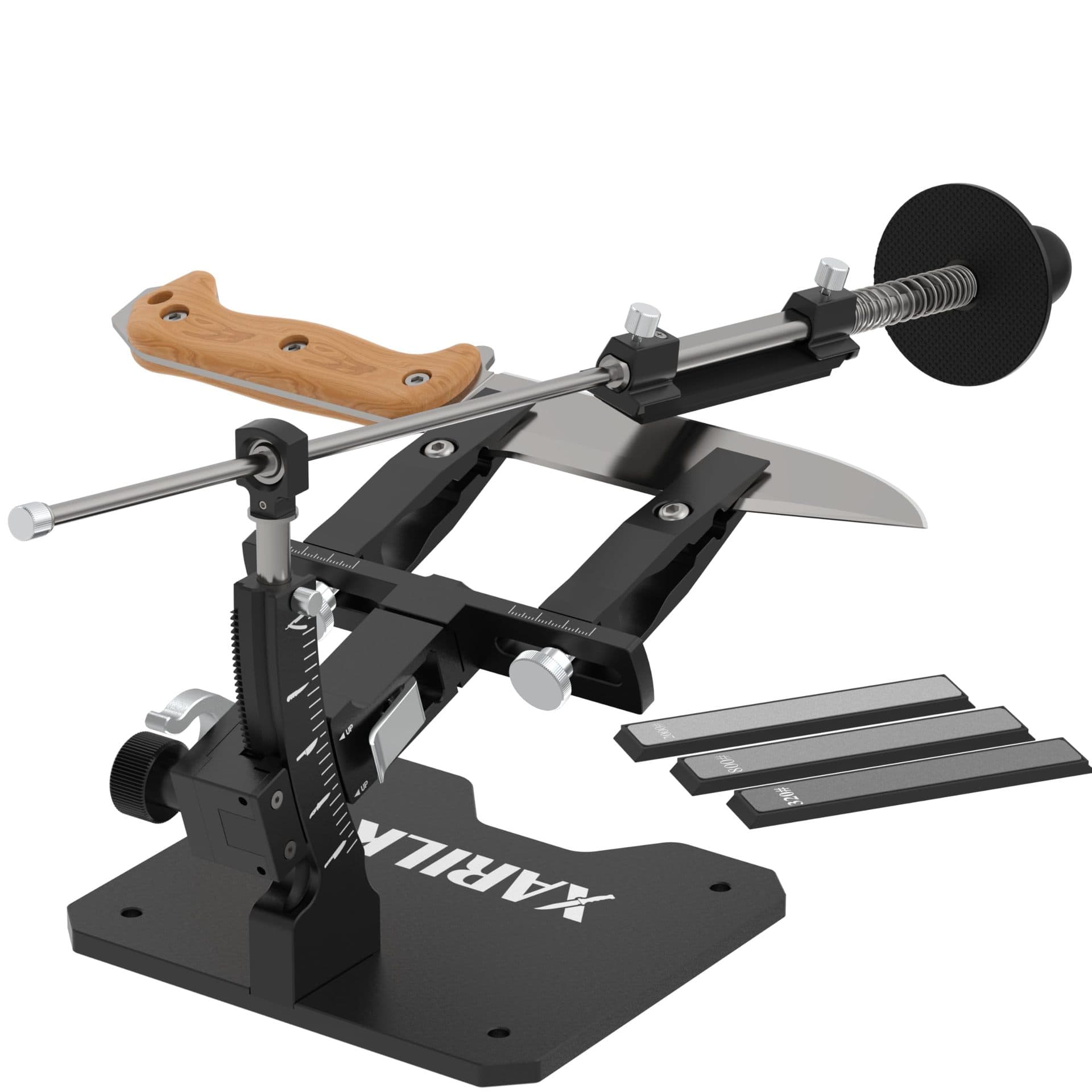 Guided sharpening system, professional knife sharpener in aluminum, sharpening set with 3 diamond discs