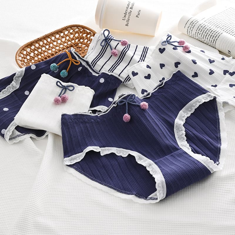 Navy Blue Student Panties with Cute Heart Dots, Japanese Style Girls' High School Student Briefs, Cross-Border Wholesale