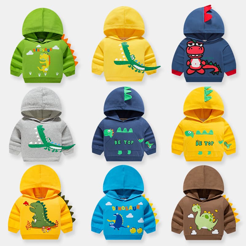 2026 New Autumn Kids Hooded Cartoon Dinosaur Sweatshirt, Pure Cotton Boys Baby Knit Pullover Trendy