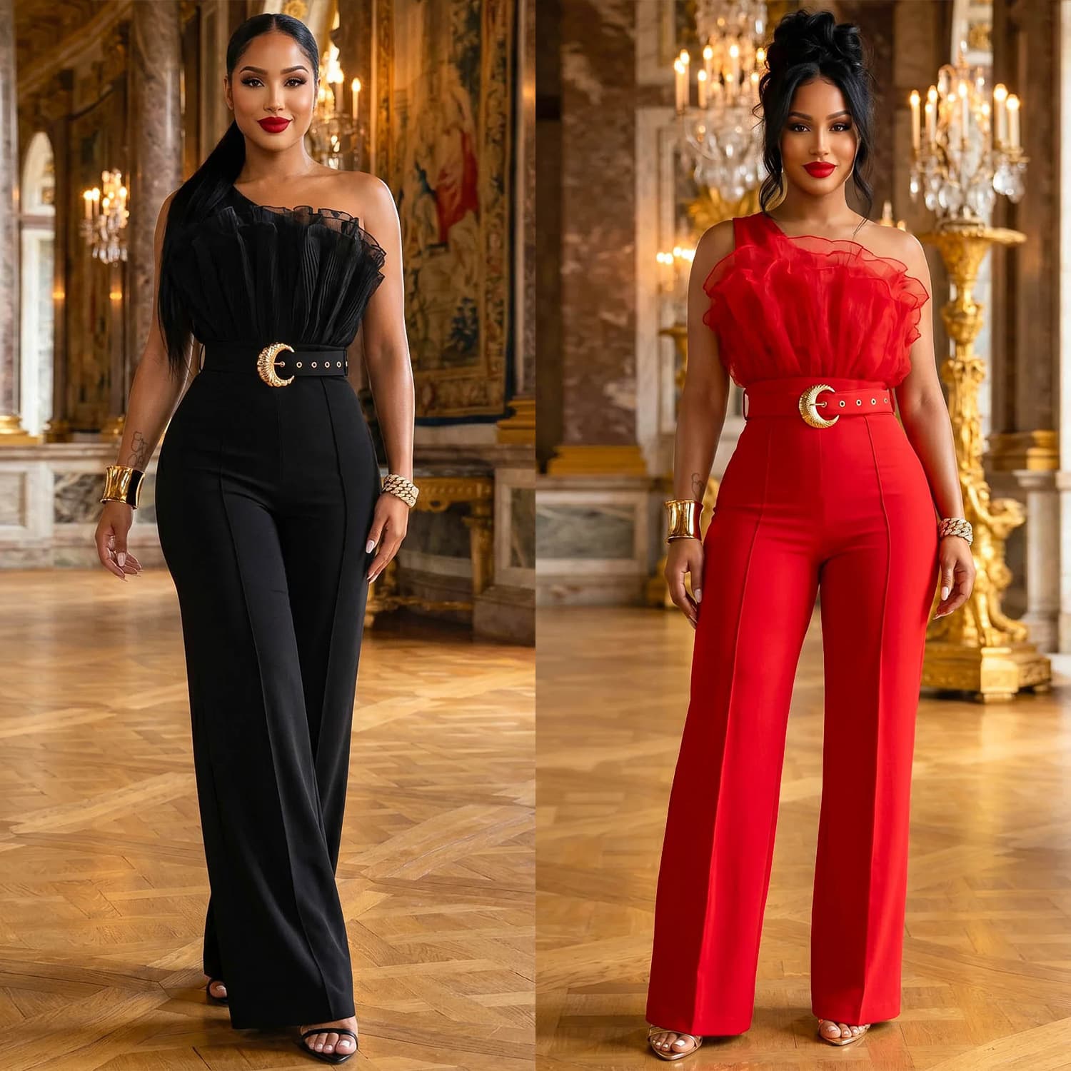 C7765 Cross-border 2026 New Light Luxury Mesh Off-Shoulder High-Waist Wide-Leg Pants with Crescent Buckle Banquet Elegant Jumpsuit