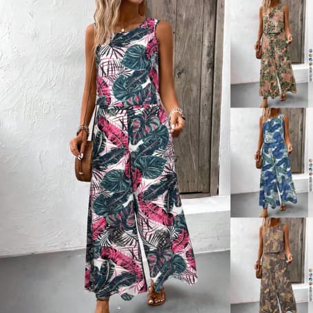 Cross-Border European and American Women's Fashion AliExpress Amazon New Printed Vacation Vest and Wide-Leg Pants Two-Piece Set