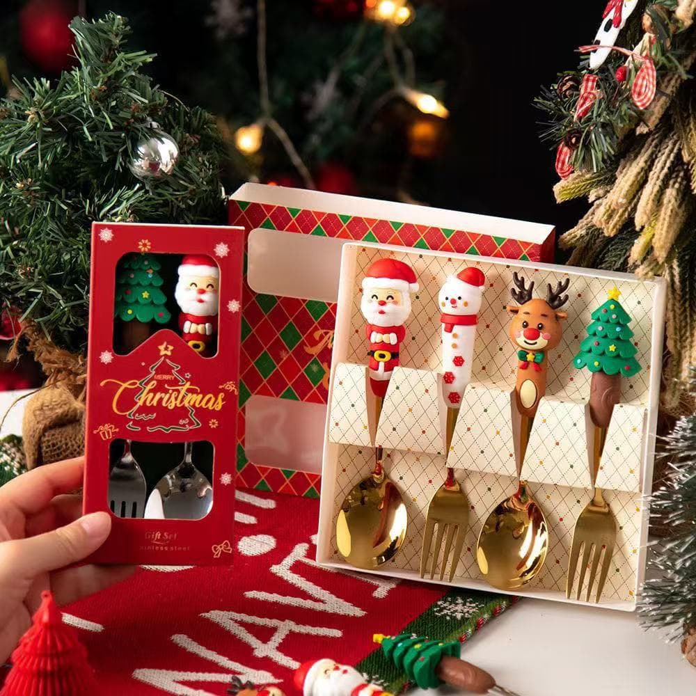 Cross-border Christmas Spoon Tableware Set Cute Cartoon Christmas Doll Old Man Christmas Tree Creative Spoon and Fork Gift Box