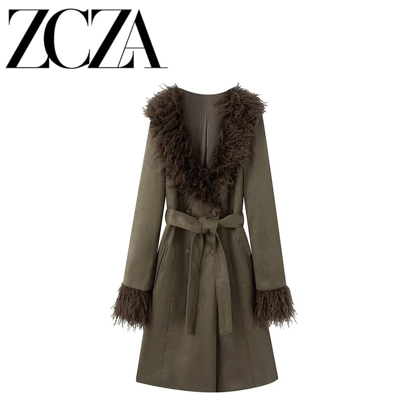 ZCZA Self-Made European & American Style New Women's Fashion Nomadic Faux Fur Lapel Double-Breasted Trench Coat for Women