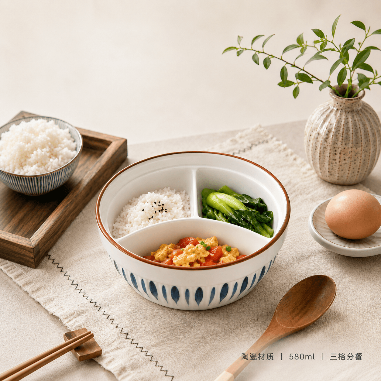 Single-Person Ceramic Round 3-Compartment Lunch Box Microwave-Safe Bento Box Insulated Food Container for Office Workers and Students