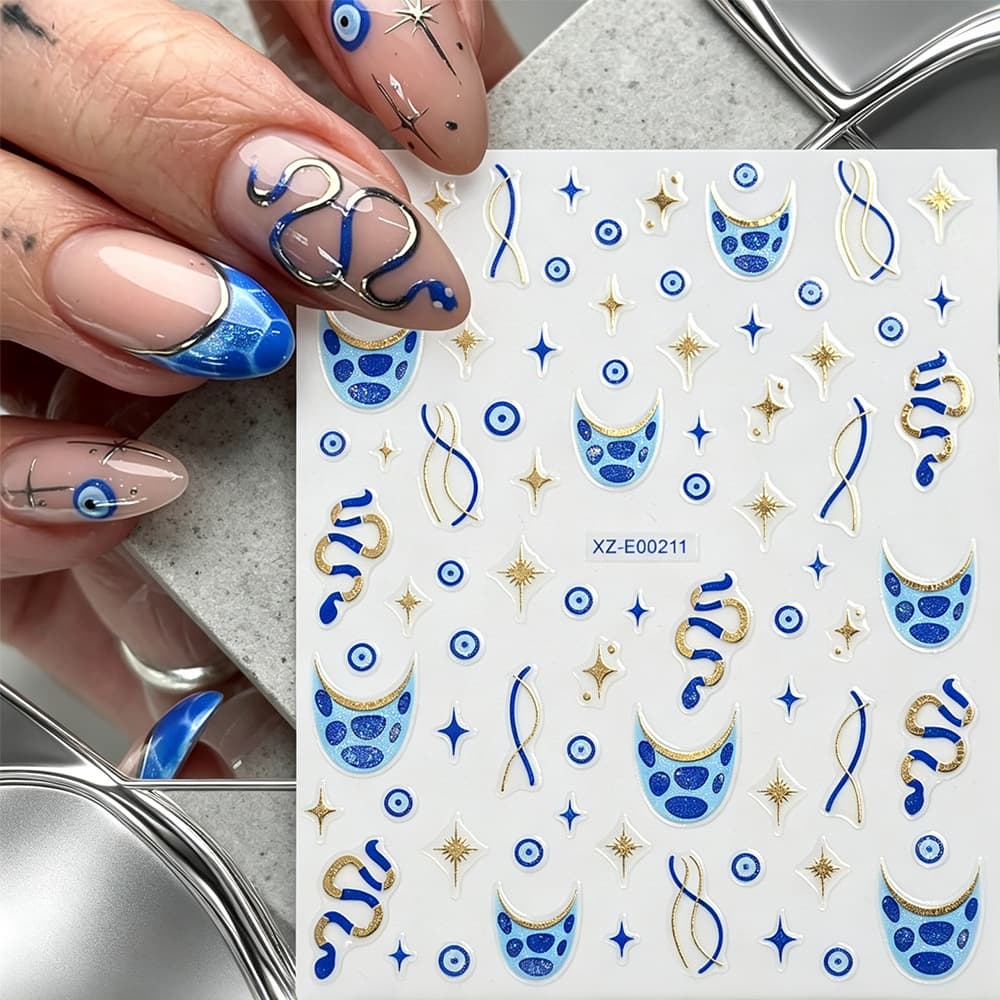 Exotic Blue Gold Foil Nail Stickers European American Evil Eye Snake Pattern Star Crescent Eye Self-Adhesive Nail Decals