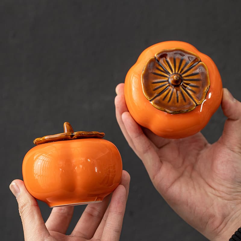Small "Everything Goes Well" persimmon jars for wedding candies or tea, part of gift sets with tea accessories.