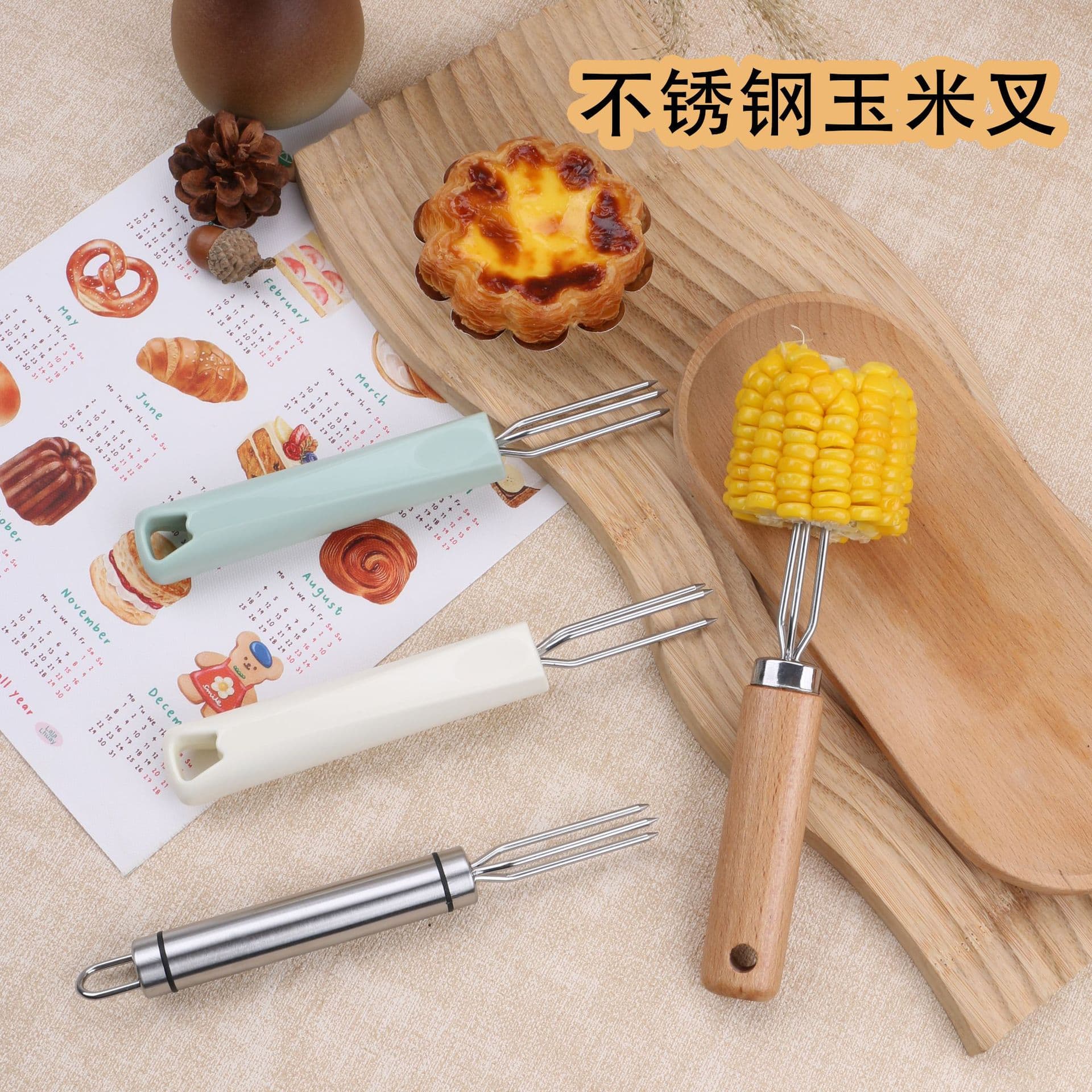 Stainless steel corn fork outdoor barbecue skewers corn skewer kitchen tool portable fruit fork wholesale