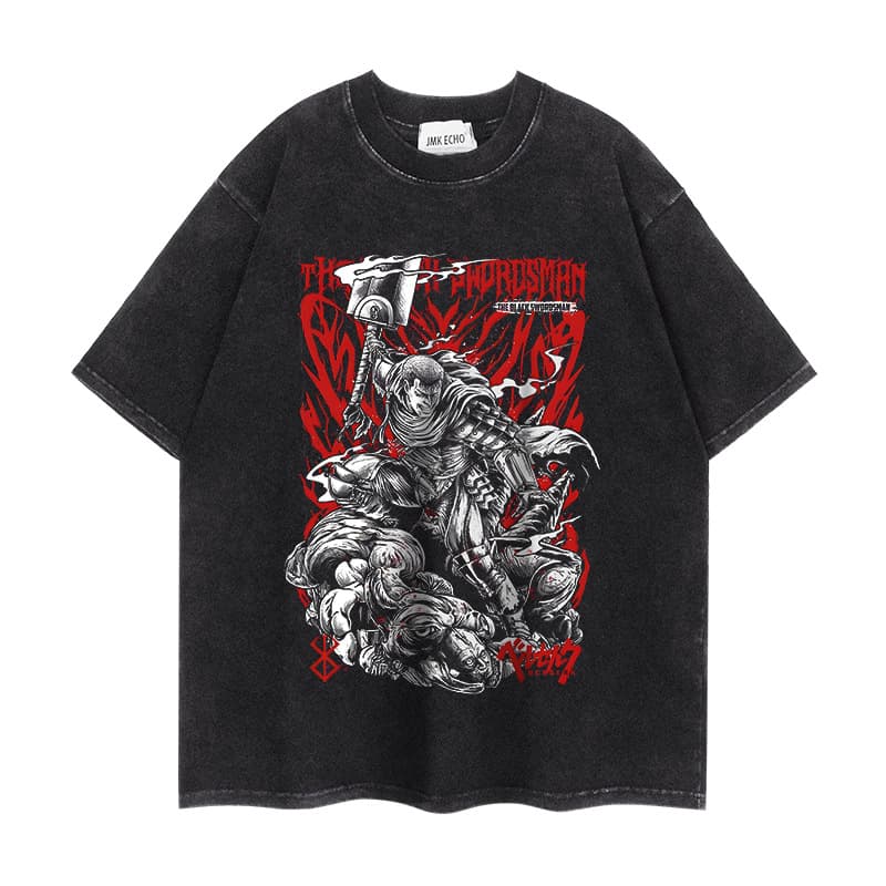 2024 New Washed Vintage Short Sleeve T-Shirt Berserk Anime Streetwear Digital Direct Print