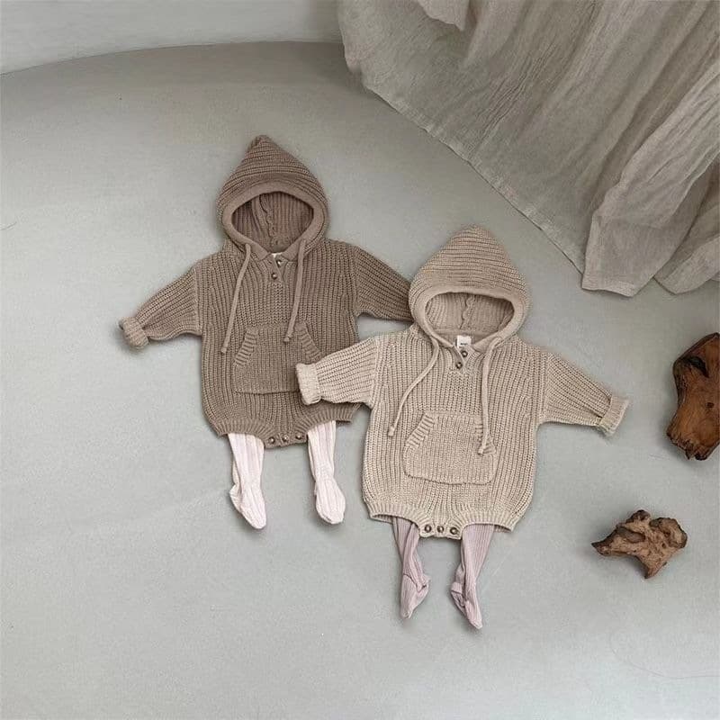 Korean version of children's clothing ins autumn and winter for boys and girls with pockets hooded knitted jumpsuit baby romper baby super fashionable khaki