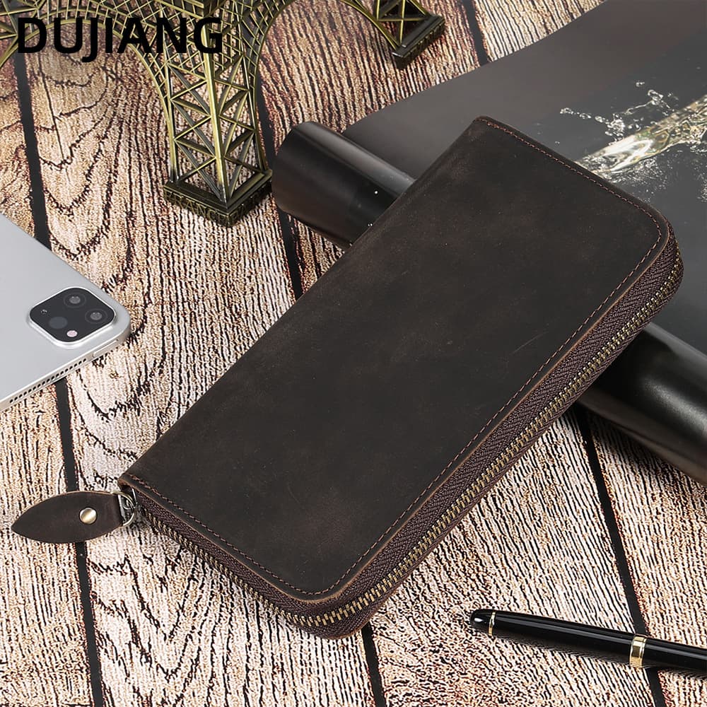 Long RFID Business Wallet Genuine Mad Horse Leather Men's Clutch Purse Top Layer Cowhide Ultra Light Anti-Theft for Home Storage