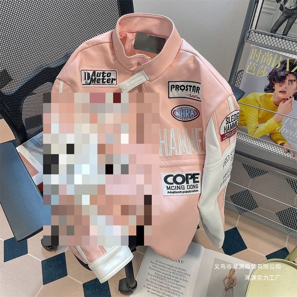 Pink Hong Kong Style Motorcycle Leather Jacket Baseball Jacket for Women Autumn and Winter Trendy Street Style Jacket