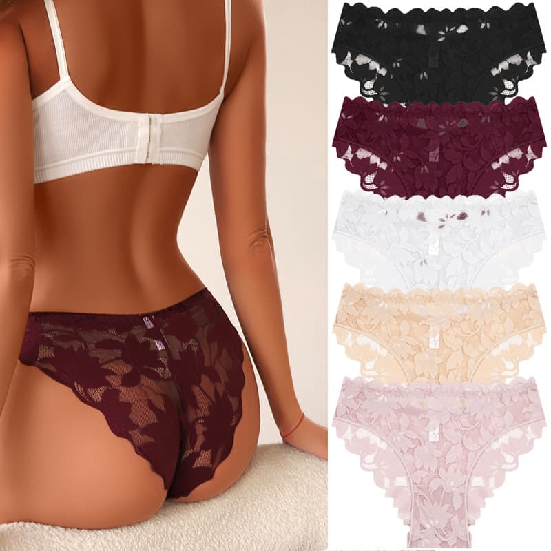 Women's Bikini Panties, Semi-Transparent Low-Rise Sexy Lace Half-Coverage Hipster