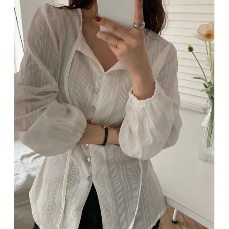 Korean-style Tie-Front Long-Sleeve Shirt for Women, Slim-Fitting Single-Breasted Blouse, Sun-Protection Outerwear