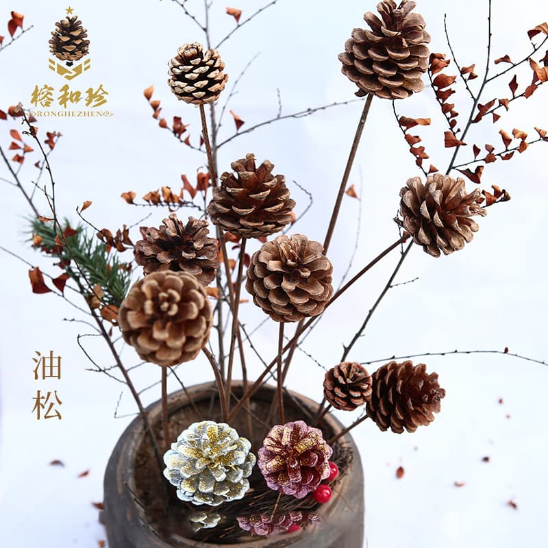 Natural color wooden pine cone drilling and installation of iron wire Drilling holes in pine cone tail Drilling oil pine cone dried flowers handmade