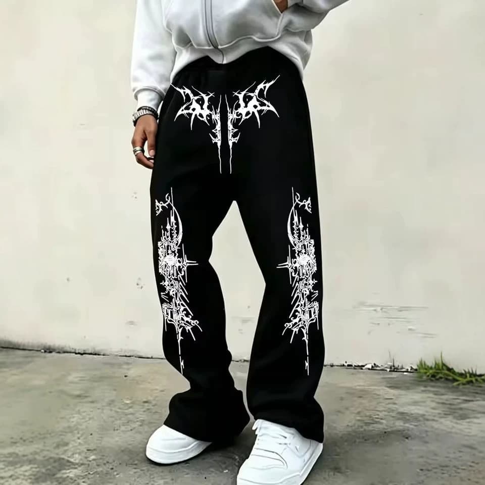 Spring/Autumn New Y2K Dark Gothic Print Loose Fit Slimming Unisex Drawstring Sweatpants Wide Leg
